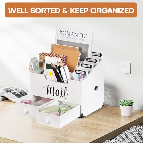 RELBRO Mail Organizer Desktop, Wood Desk Organizer with 2 Drawers, 4 Compartments for Home Office Accessories, White