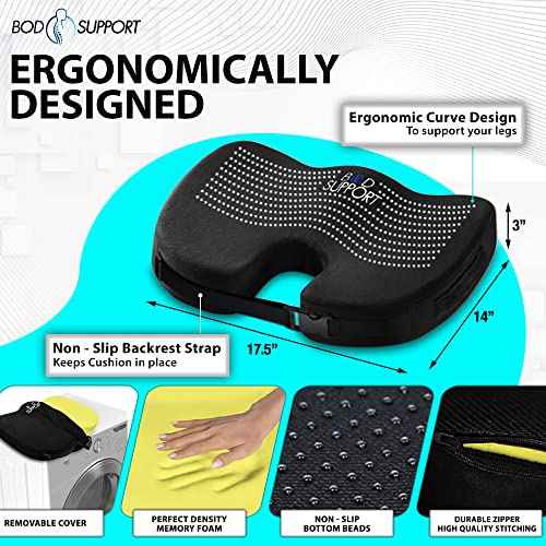 Seat Cushions for Office Chairs, Desk Chairs, and Car Seats - Enhances Posture and Support - Non-Slip Ergonomic Design with Adjustable Straps - Sciatica and Tailbone Relief (Black)