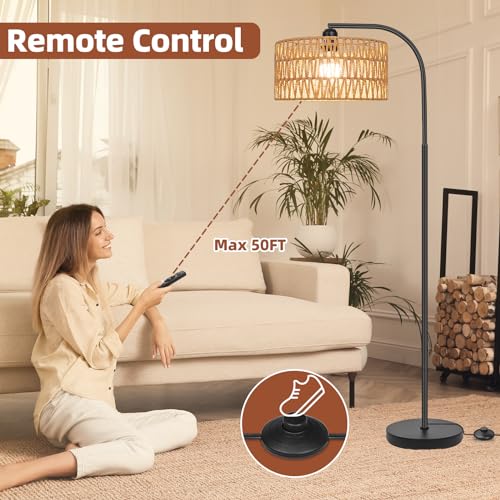 Rattan Floor Lamps for Living Room, Boho Standing Lamps with Rattan& Linen Double Shades, Arc Lamps Floor Standing with 9W Bulb, Foot Switch, Bohemian Floor Lamps for Bedroom, Office