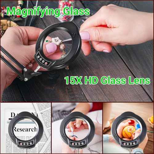 15X Magnifying Glass with Light and Stand, 5 Color Modes 10 Levels Adjustable Brightness, 2-in-1 Desk Lamp with Clamp, Hands Free LED Light Magnifier for Craft Hobby Reading Repair Close Works