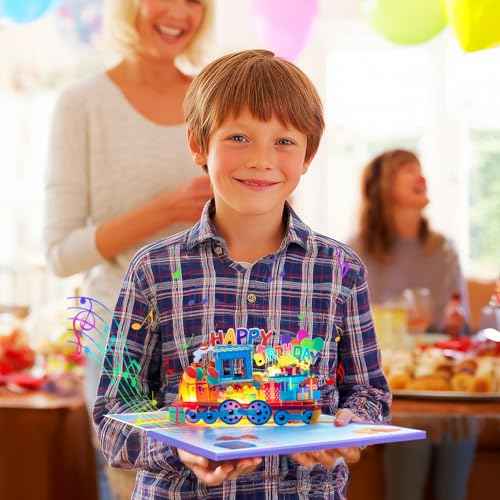 3D Train Pop Up Musical Birthday Card for Grandson, Granddaughter, Kids, Boys and Girls, Light Up Features, Plays 'Happy Birthday' Song, Fun Interactive Birthday Greeting
