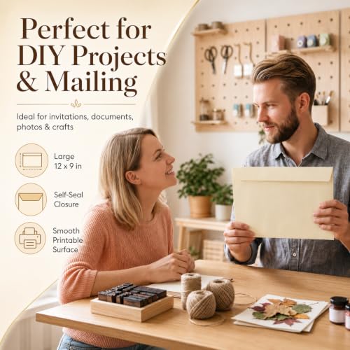 Crtiin 100 Pack 9x12 Cream Booklet Envelopes Self-Adhesive Open End