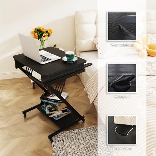 ALISENED Computer Desk for Small Spaces,23.6" Z-Shaped Compact Study Table with Smooth Keyboard Tray,with Wheels and Bottom Shelves for Home Office£¬Computer Cart Mobile Laptop Cart