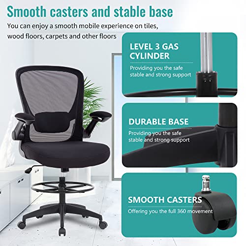 BestOffice Drafting Chair Tall Office Chair with Adjustable Foot Ring and Flip-Up Arms Computer Standing Desk Chair Executive Rolling Swivel Chair for Office & Home