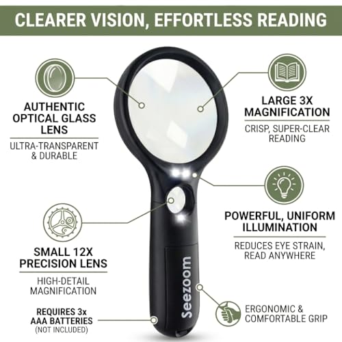 SeeZoom 3X Large & 12X High Power LED Lighted Magnifying Glass for Reading and Detail Work