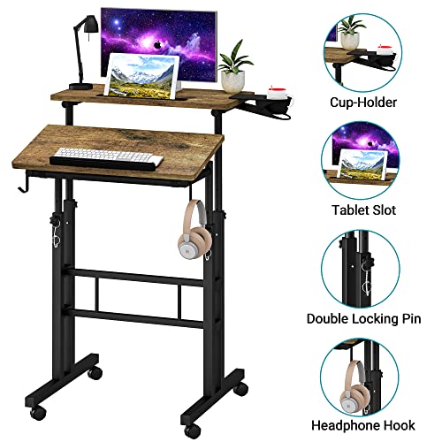 Klvied Rolling Mobile Desk with Cup Holder, Portable, Adjustable Height Small Stand up Desk on Wheels for Home Office Laptop Cart, Computer, Standing or Sitting,Oak