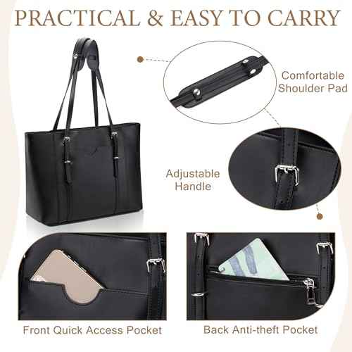 Laptop Tote Bag for Women, PU Leather Water Resistant Travel, Work,Teacher Tote Bag Fits 15.6 inch Laptop