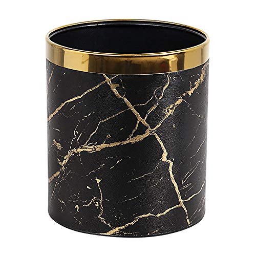 Huaqinglian Small Office Trash can Garbage can Metal Open top Wastebasket bin with Removable Gold Ring which for Hold Garbage Bag for Bathroom,Living Room,Bedroom Using (Black Gold Marble)