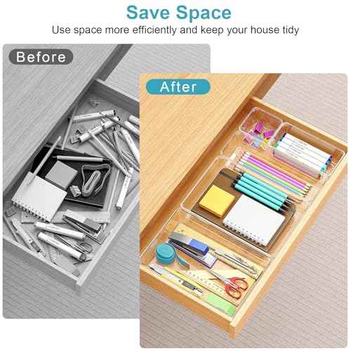Drawer Organizers Set of 12, 4 Sizes Clear Plastic Drawer Organizers and Storage Bins for Kitchen, Bathroom, Office, Dresser Desk Drawer Organizer Tray for Jewelry, Makeup, Junk, Gadgets