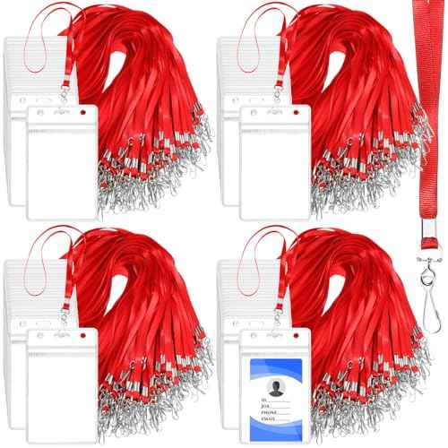 Harloon 300 Pack Clear ID Badge Holder with Lanyard 2.75 x 4.53 Inch Bulk Waterproof Vertical Card Holders with Flat Neck Lanyards and Swivel Hooks for Cruise, School, Office Supplies(Red)