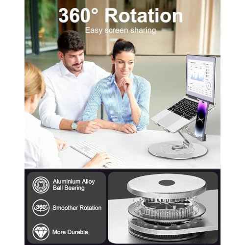 Laptop Stand with Phone Holder, Adjustable Laptop Stand with 360 Rotating Base, Aluminum Computer Mount Holder, Ergonomics Laptop Riser for Desk, Fits MacBook, up to 17.3" All Notebooks Silver