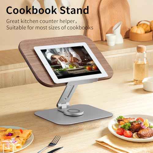 Book Stand for Reading, Mayhas Adjustable Book Holder with 360¡Æ Swivel Base&Page Clips, Foldable Desktop Stand for Cookbook, Fits All Books (Walnut, Aluminum Base)