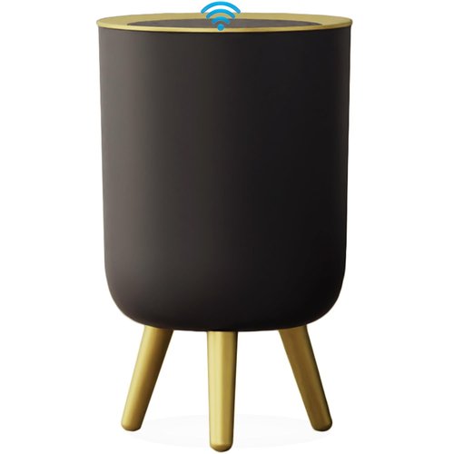 Yatmung Touchless Bathroom Trash Can with Lid - Motion Sensor Garbage Can - Waste Basket for Bedroom, Living Room, Toilet, Office, Plastic - Automatic Trash Bin - Black with Gold Edge