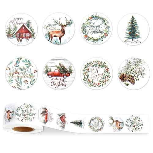 Christmas Stickers, 500 PCS Merry Christmas Stickers Roll, Round Self Adhesive Seals Label Sticker Decals for Xmas Holiday Seals Cards Gift Envelopes Crafts Present Box Decoration (8 Designs, 1 Inch)