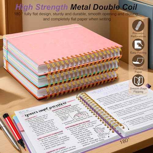 Hardcover Spiral Notebook 8"x10" Journal Notebook with Tabs and Removable Dividers 300 Pages 5 Subject Notebook College Ruled, Faux Leather Spiral Bound Notebook for Women School Work (Purple)