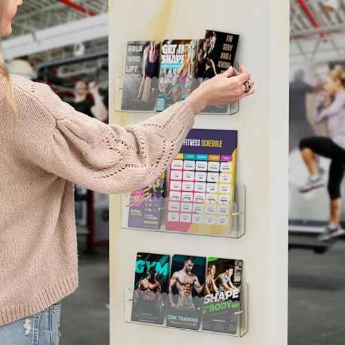 Brochure Holder Wall Mount, 2 Pack Acrylic Modular Flyer with Adjustable Magnetic Golden Bolt, Wavy Lace Pamphlet Display Stand for Organizer Trifold Flyer, Document, Leaflet, 3 Slots