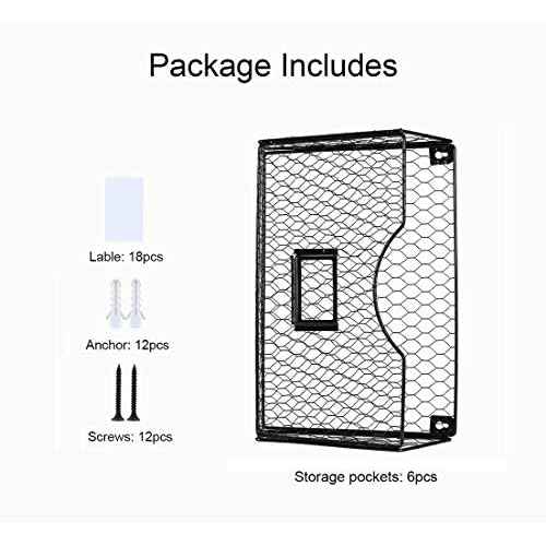 PAG 6 Pockets Hanging File Holder Wall Mount Mail Organizer Metal Chicken Wire Magazine Rack with Tag Slot, Black