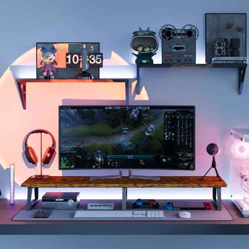 TEAMIX 42 inch Large [Dual] [Monitor] [Riser],Rustic Brown Extra Long TV [Stand Wood & Steel Desktop [Riser] with Storage for [Dual] Screen Office Desk Organization