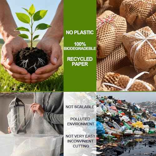 Honeycomb Packing Paper,12" W x 200' L Bubble Cushioning Wrap for Moving,Products & Gifts Wrapping Paper,Recyclable and Biodegradable Cushioning Packing Material with 20 Fragile Sticker Labels