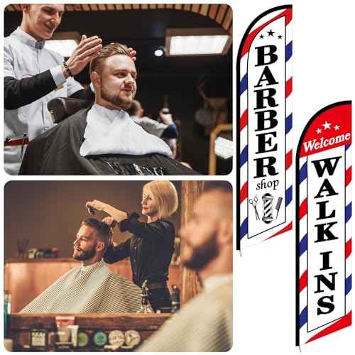 2 Pcs Barber Flag for Outside Barbershop Themed Swooper Flag Open Feather Barber Sign Welcome Banner for Salon Business Outdoor Advertising Outside(NOT INCLUDE POLE KIT)(12 x 2.5 ft)