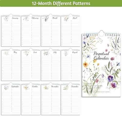 Perpetual Calendar ? Undated Calendar 12-Month for Birthday, Anniversaries, Important Days, Festivals Reminder, 6'' x 10'' with 2 Lines Per Days, Twin-wire Binding, Thicker Paper, Minimalist Flowers