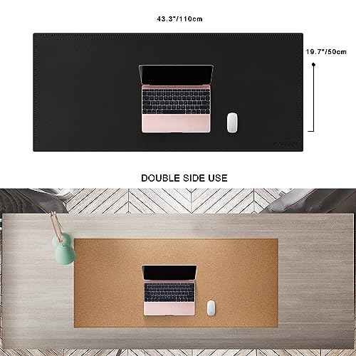 MAIDERN 43.3¡±x 19.6¡± Leather Desk Pad, Large Desk Mat, Reversible Cork & Leather Large Mouse pad for Desk, Waterproof Computer Desk Pad for Gaming Home Office (Black) ¡¦