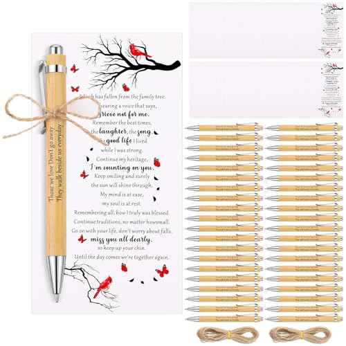 Janlaugh 100 Set Memorial Funeral Favors Include Cardinal Prayer Cards and Bamboo Ballpoint Pens Funeral Pocket Token for Guest Sympathy Remembrance Gifts for Loss of Loved One