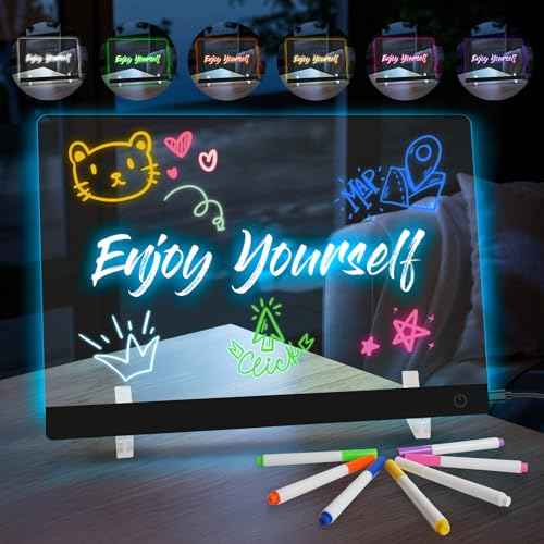 LED Note Board with Colors, Acrylic Dry Erase Board, 13.7 * 10 Inch Light Up Message Board, Reusable LED Drawing Board with Stand & 7 Markers for Home, Kitchen, Office, Bedroom, School