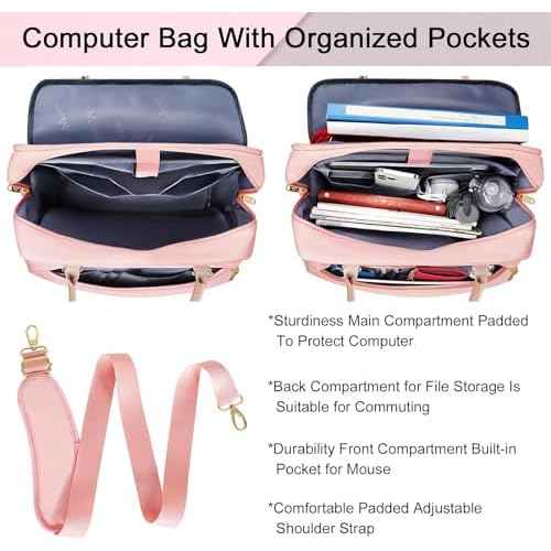 MATEIN 17 Inch Laptop Bag, Large Waterproof Laptop Carrying Case with Adjustable Handle, Cute Pink Briefcase Shoulder Messenger Bag Professional Work Computer Bag for Women Office College Travel, Pink