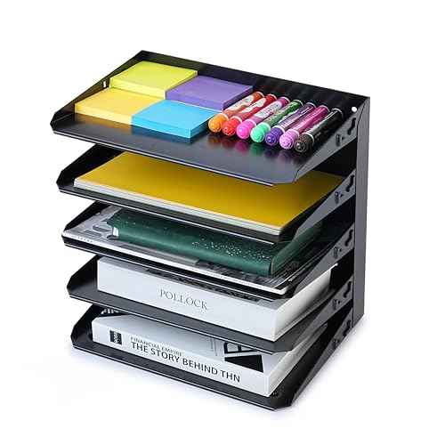 Huron Desktop Horizontal 5-Slot File Binder Organizer Storage Letter Tray, Black Commercial Grade Steel