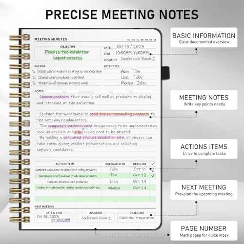 WEMATE 5 Pack Meeting Notebooks for Work£¨7"x10"£© 200 Pages, PU Leather Notebook with Action Items & Note, For Staff & Students, Meeting, Projects Planning- Black, Blue, Green, Olive Green, Dark Blue