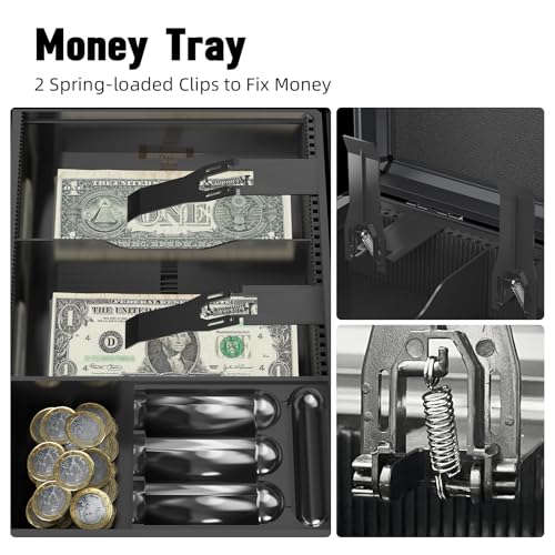 Locking Cash Box with Money Tray and Key, Secure Money Safe Box for Cash, Portable Money Box with Bottom Storage Spaces, Money Saving Organizer (Black, Large)