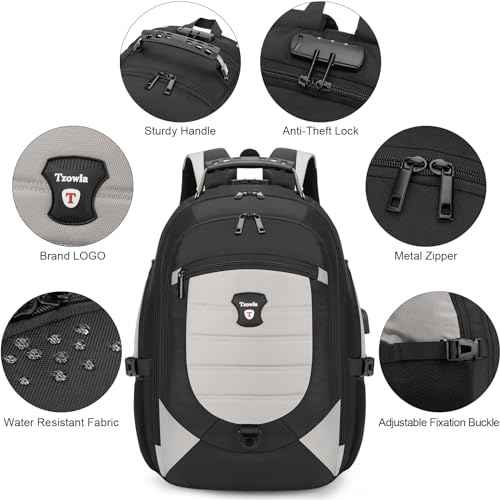 Tzowla Travel Laptop Backpack for Men&Women,17.3" Computer Water Resistant Anti Theft TSA Friendly Backpacks with Lock and USB Charging Port,College Business Work Hiking Bookbag Daypack,Light Grey