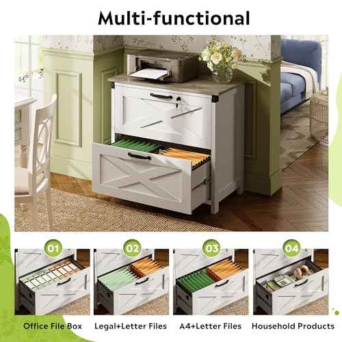 DEVAISE 2 Drawer Farmhouse File Cabinet with Lock, Lateral Filing Cabinet for Letter/Legal/A4 Size, Wood Printer Stand for Home Office, White