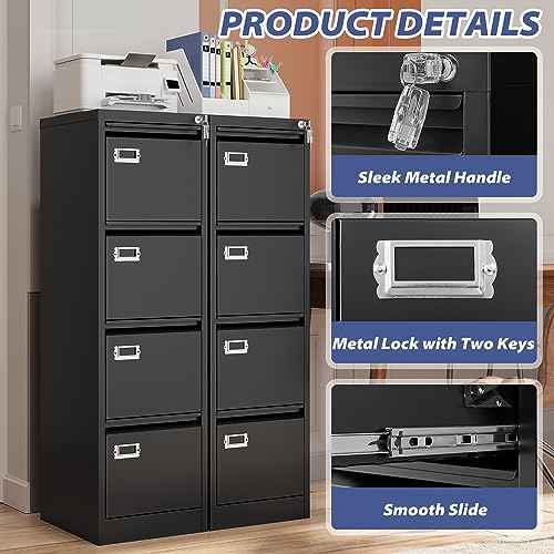 4 Drawer File Cabinet with Lock, Metal Filing Cabinets, Vertical Small Filing Cabinet Steel Lockable Storage Cabinets for Home Office to Organization Hanging Letter/Legal/F4/A4