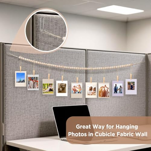 Office Cubicle Photo Display with 9 Wooden Clips & Fabric Hooks - Boho Desk Decor