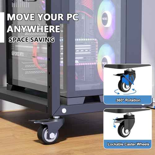Computer Tower Stand with Power Outlet, 6 Level Height Ajustable PC Tower Stand for Floor, Mobile Rolling CPU Holder Cart for Gaming, Office, Home, 21.34"-28.3", Black