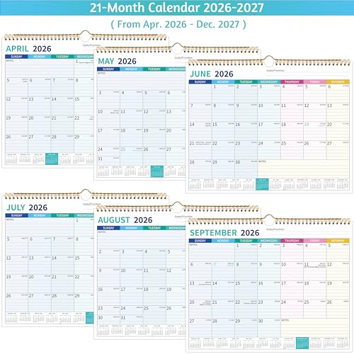 BowCuk 2026-2027 Wall Calendar 21 Months - 14.57 x 11.42 Inches, Large Ruled Blocks, Holidays & Notes