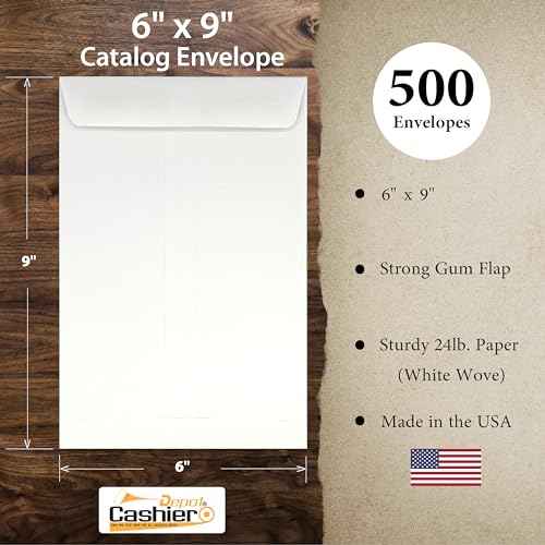 500 Cashier Depot - 6" x 9" Catalog Envelopes ? Open End ? Sturdy 24lb White Wove ? Gum Flap Closure ? Professional Mailing & Document Storage, 500 Count