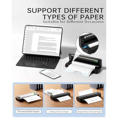 Portable Printers Wireless for Travel, N80 Wireless Thermal Printer Bluetooth Inkless Printer Support 8.5" X 11" US Letter & A4 Size, Compatible with iOS, Android, Laptop for Office, Home, Car, Black