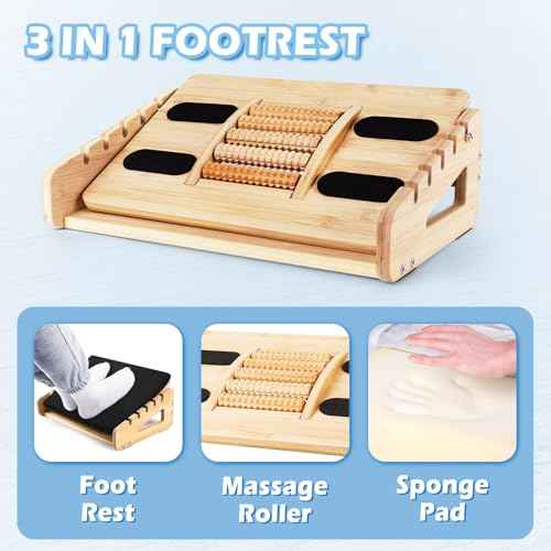 Woodever Foot Rest for Under Desk at Work, Bamboo Dual Side Footrest with Reflexology Massager Roller, 5 Heights Adjustable Foot Stool, Ergonomic Leg Support to Relieve Lumbar, Back, and Knee Pain