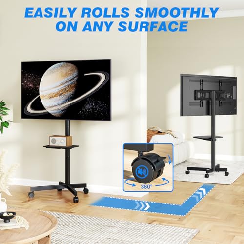 Rolling TV Stand with Shelf for 23-65 inch TVs up to 88lbs, Portable Mobile TV Cart with Silent Wheel, Tilt & Height Adjustable Universal Corner TV Stand for Bedroom, Living Room, Office