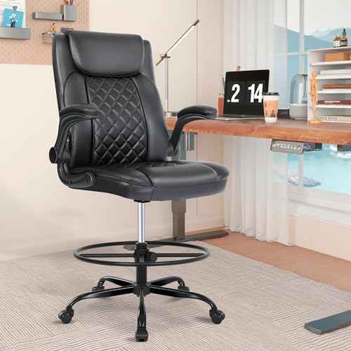 Misolant Drafting Chair, Tall Office Chair for Standing Desk, Standing Chair with Adjustable Height and Flip-up Armrest, Leather Drafting Chair, High Office Chair for Counter Height Desk