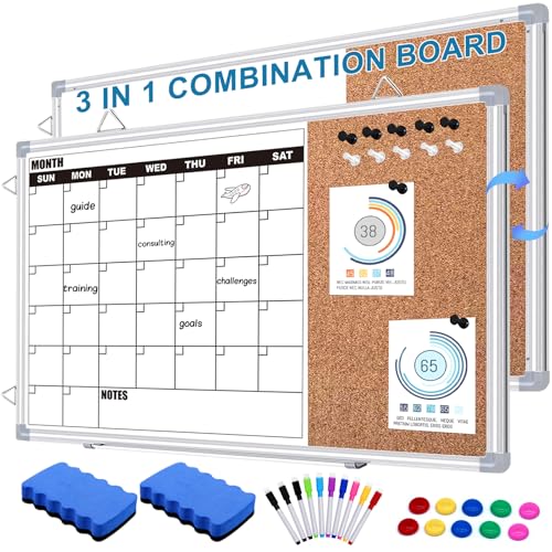 Calendar Whiteboard for Wall, 36" x 24" Double Sided Monthly Dry Erase Board Calendar for Office, Home, School, Hanging Cork Board White Board Combo, Portable Magnetic Dry Erase Planner Board