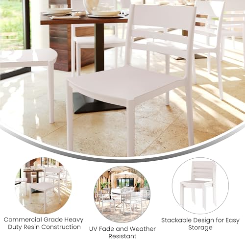Flash Furniture Bridgeport Patio Chair with Slatted Back and Contoured Seat, Commercial All-Weather Stacking Resin Chair, UV Resistant, Indoor-Outdoor, White