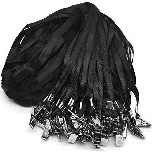 Beebel Black Lanyards 100 Pack Nylon Flat Badge Lanyard Bulldog Clip for Id Badge Name Tags