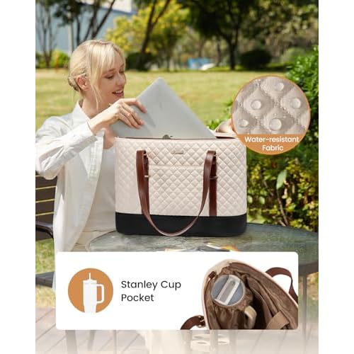 LOVEVOOK Laptop Bag for Women, Work Tote Computer Bag With Large Cup Holder, Lightweight Large Laptop Briefcase, Beige-Brown-Black, 17.3 Inch