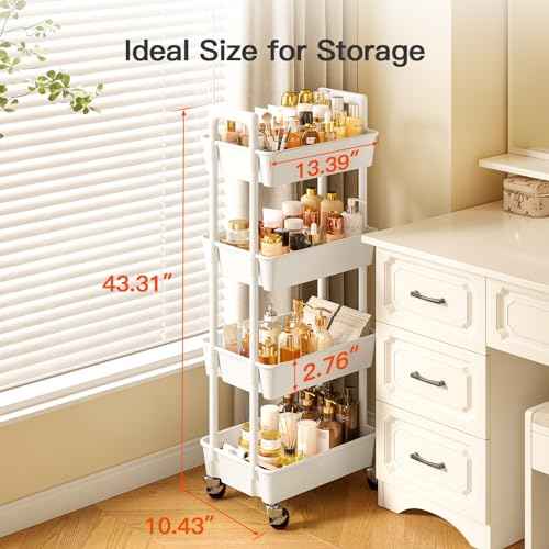 Pipishell 4 Tier Rolling Cart Organizer, Plastic Rolling Cart with Lockable Wheels & Reinforced Handle, Lightweight Utility Cart Storage Cart for Nursery, Kitchen, Bathroom, Craft Room, White, PIUC15W