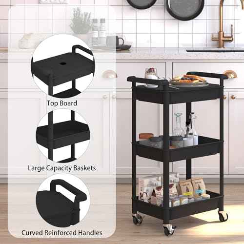 3-Tier Utility Rolling Cart with Cover Top Board, Mobile Utility Cart with Lockable Casters Multi-Functional Storage Trolley for Office, Bathroom, Kitchen, Garden, Laundry Room (Black)