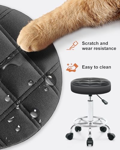 ACFOUL Rolling Stool with Wheels, Black – Adjustable PU Leather Office Chair with Footrest